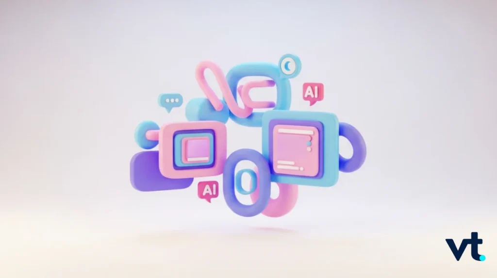 Colorful 3D abstract shapes forming square screens and chat icons, symbolizing artificial intelligence (AI).