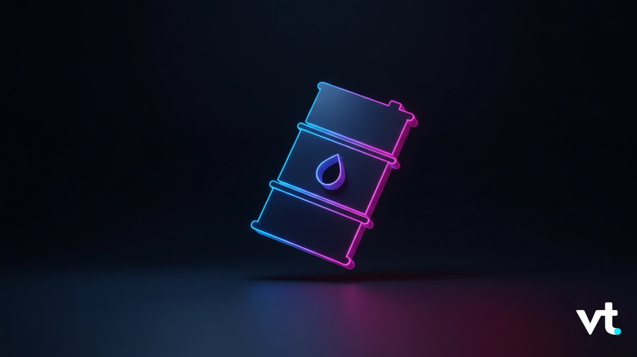Neon-outline oil barrel floating above a dark surface with a blue–pink gradient glow (VT branding in corner).