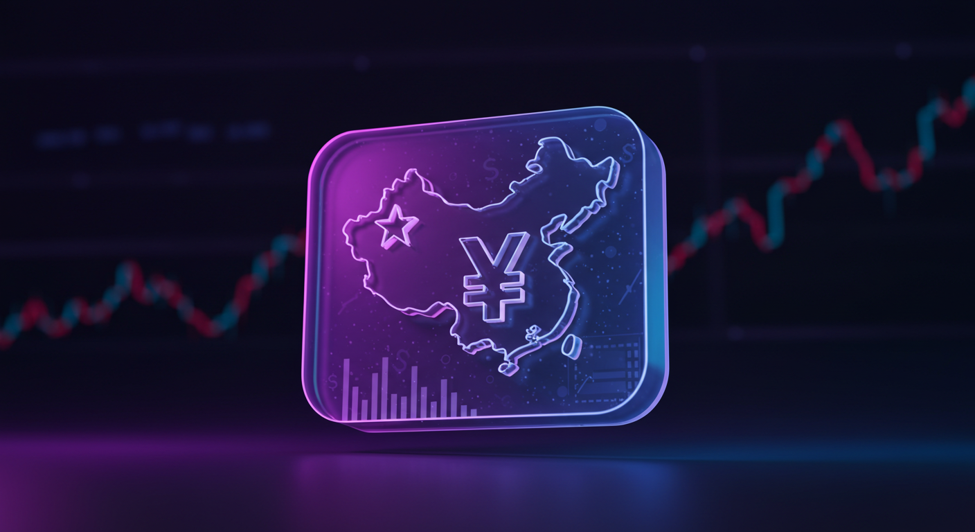 Neon glass icon showing a map of China with a yuan symbol, set against a stock chart background:** informative app/finance icon**
