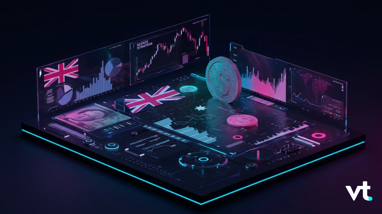 Futuristic trading console with holographic UK flag charts, coin props, and glowing blue accents on a dark platform.