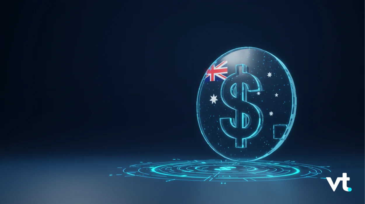 Glowing digital coin with a dollar sign and Australian flag, hovering above a neon blue holographic surface with a VT logo in the bottom-right corner