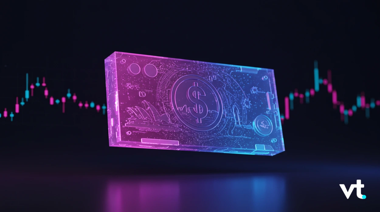 Glowing holographic money slab with a dollar sign, set against a neon-finance chart background (fintech imagery).