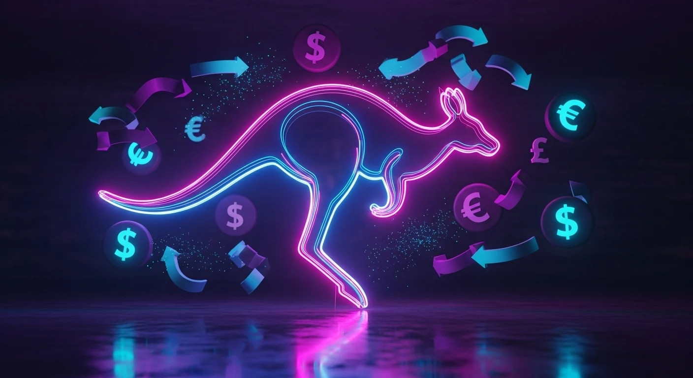 Neon outline of a kangaroo jumping, surrounded by floating currency symbols and arrows, implying international finance or exchange.
