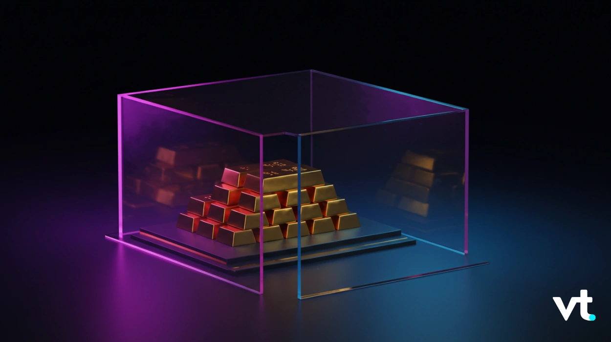 Pyramid of gold bars stacked inside a transparent glass display case lit by magenta and cyan neon light, VT logo in the bottom-right corner.