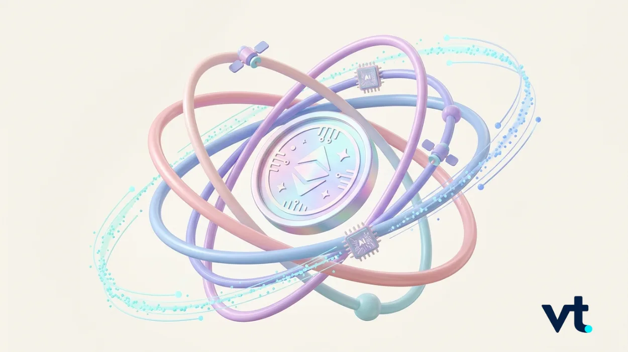 Abstract sci‑fi illustration with pastel orbital rings around a central disc and a VT logo in the corner, symbolizing technology