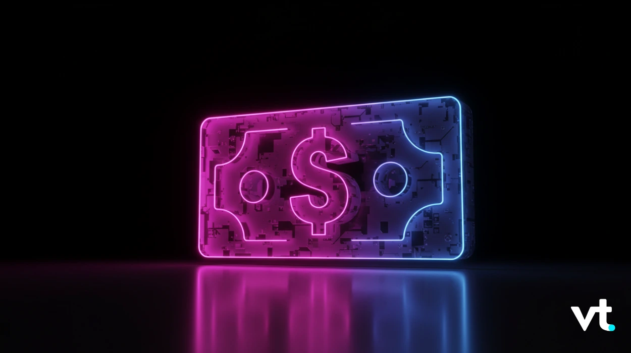 Neon-lit digital credit card with a dollar sign and circuitPattern, pink and blue glow, reflected on a dark surface.