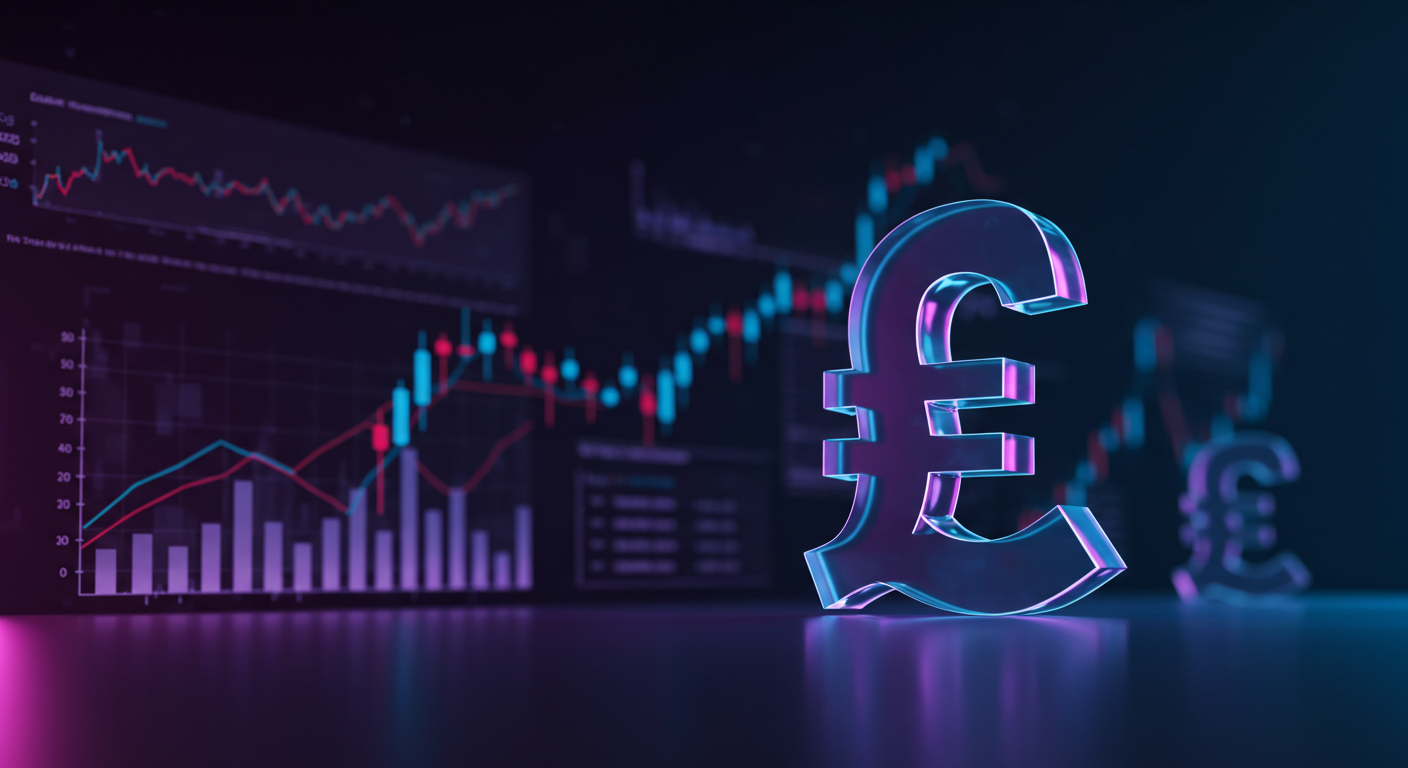 Glowing euro and pound symbols in foreground with neon stock charts in the background.
