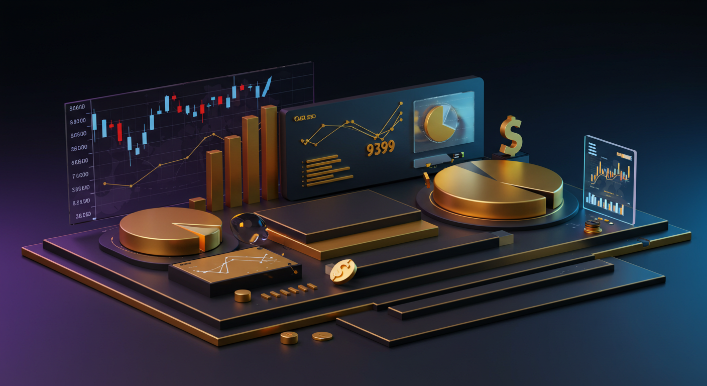Abstract gold-toned financial dashboard showing bar charts, pie chart, line graphs, and a floating dollar symbol for data insights.