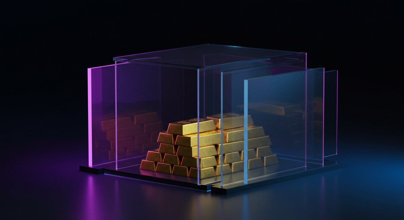 Gold bars stacked in a glass display case with neon purple and blue lighting.