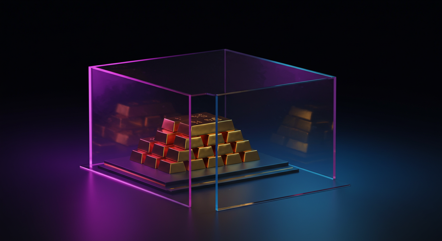 Pyramid of gold bars stacked on a platform inside a glass display case, illuminated by magenta and cyan neon lights.
