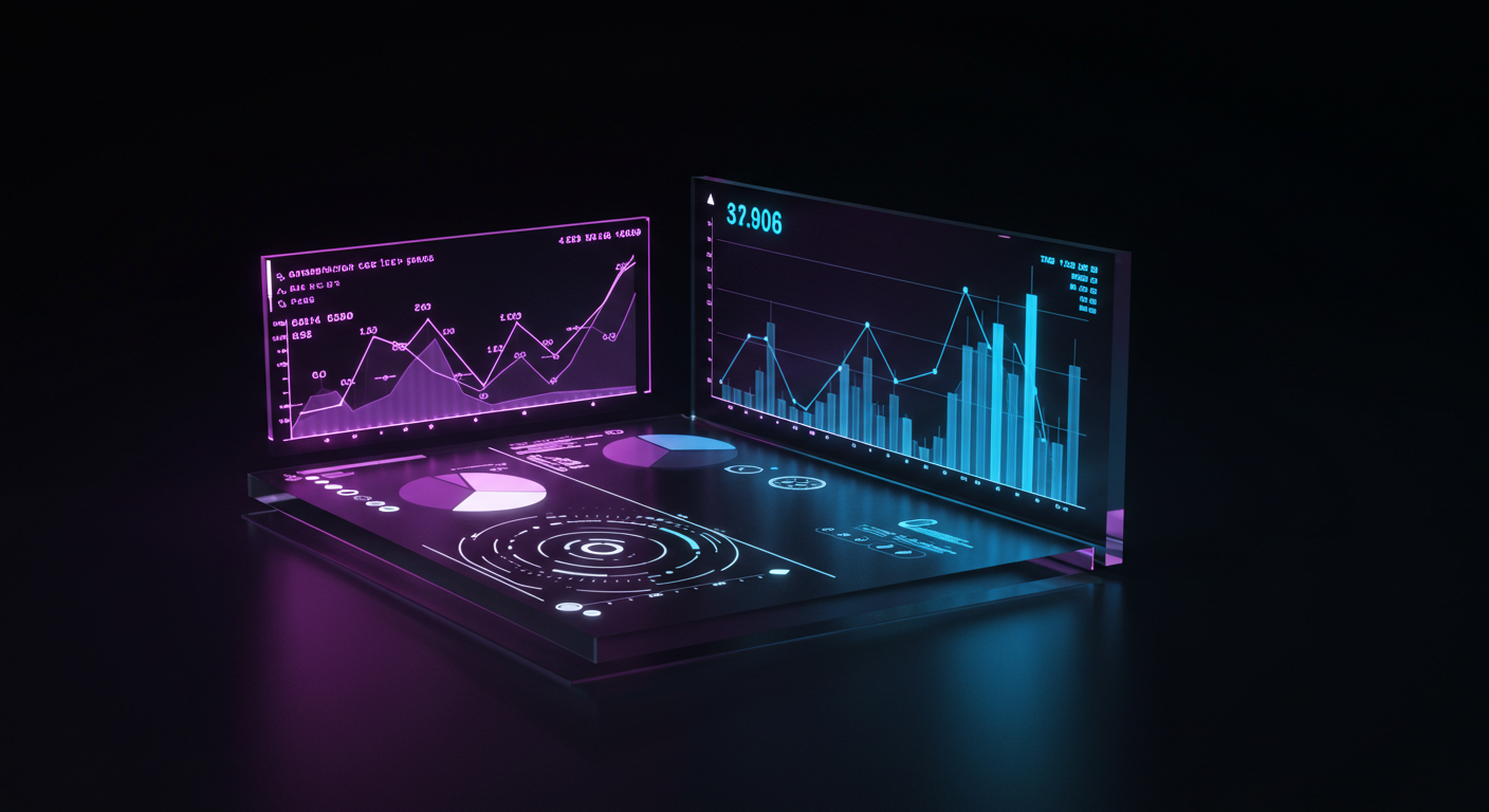 Dual neon holographic dashboards displaying line and bar charts with data on a dark surface.