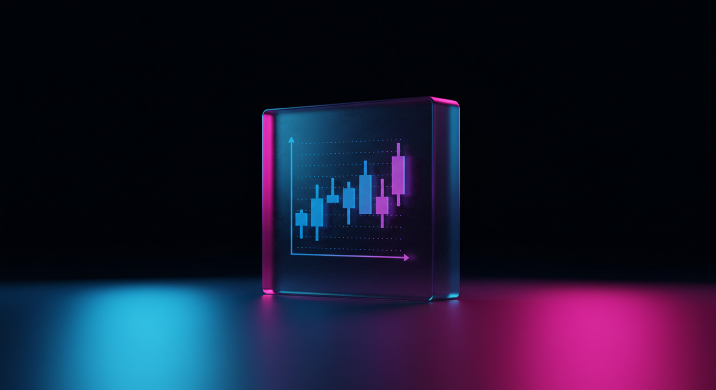 Neon-lit glass cube showing a blue and pink candlestick chart on a dark background.