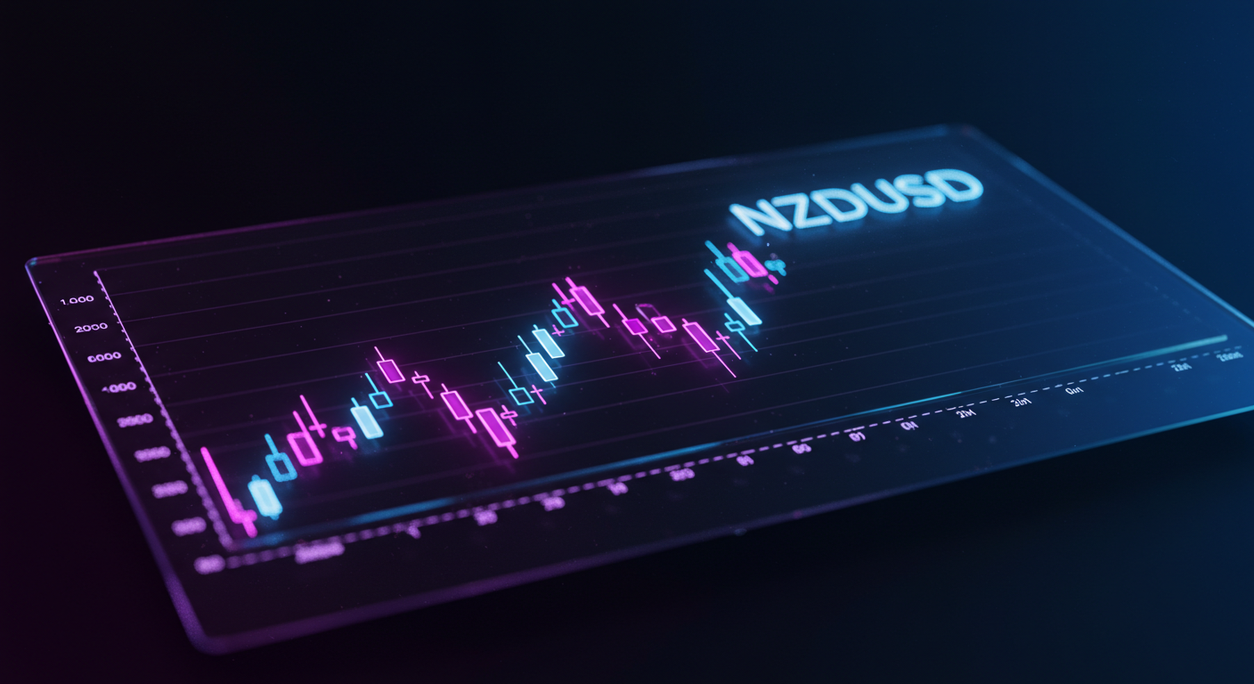 Glass panel displaying a neon stock chart for NZD/USD with candlestick data in pink and blue hues. The background is dark blue.