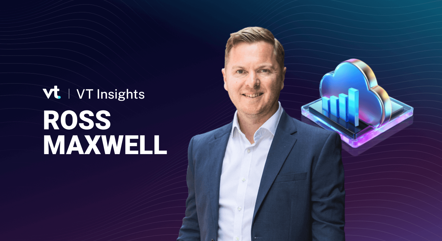 Portrait of Ross Maxwell in a blue suit beside VT Insights branding and a 3D cloud/data icon on a dark gradient background, left-aligned.
