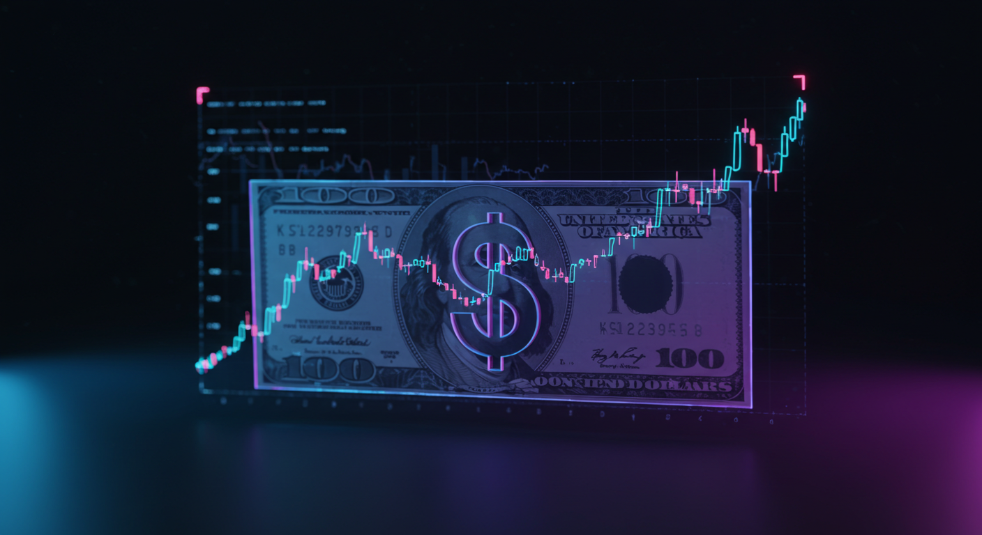 Neon-lit $100 bill overlaid with a rising stock chart, signaling financial growth.