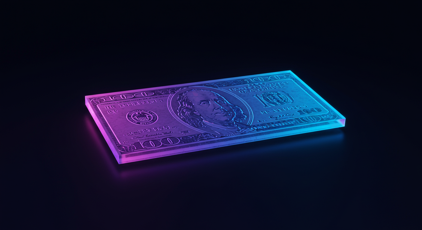 Stack of $100 bills illuminated by pink and blue neon on a dark surface, glowing edge lighting visible around the bill stack.