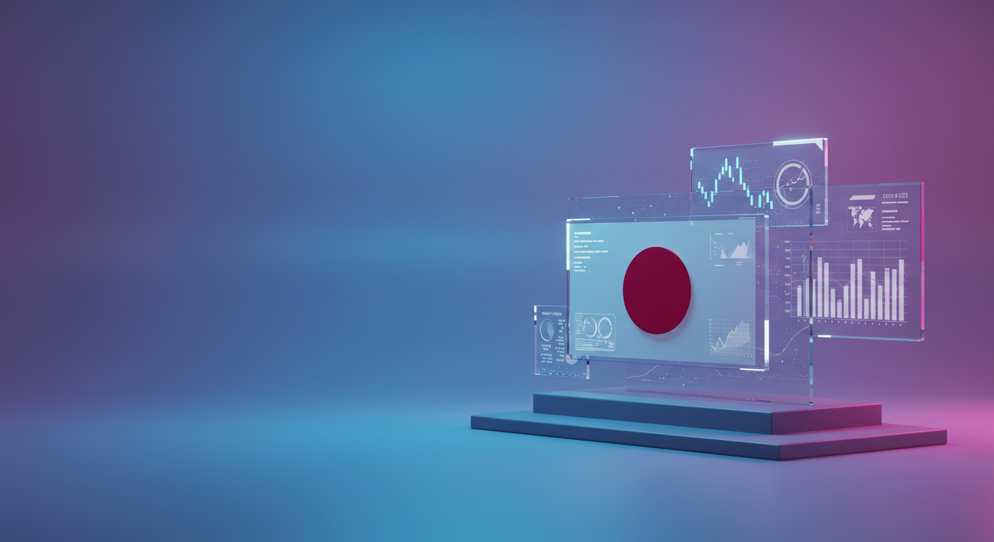 Holographic data dashboard with multiple charts and a red circular highlight, displayed on stacked platforms in blue-pink lighting.