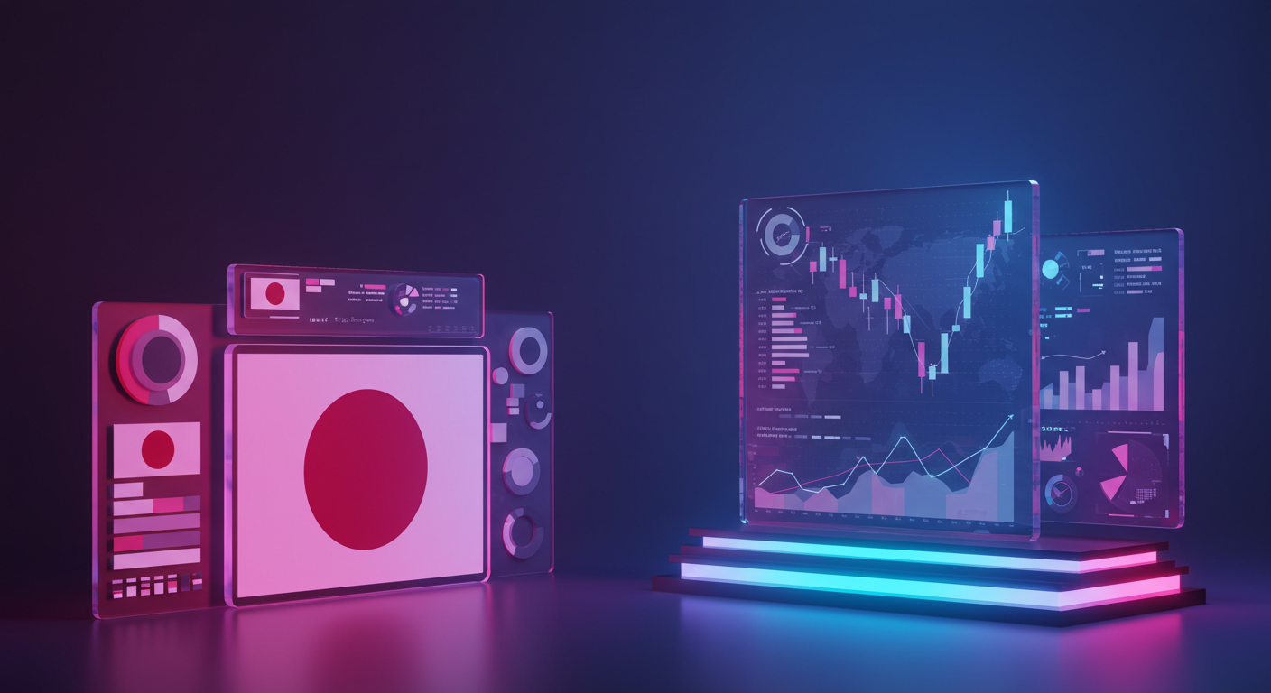 Neon data console: left screen shows a pink panel with a red circle like Japan's flag; right screens display world charts and graphs on a glowing platform.