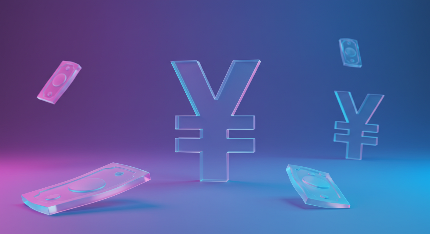 Neon 3D yen symbols in a purple-blue gradient with floating translucent payment cards around them, abstract money theme.