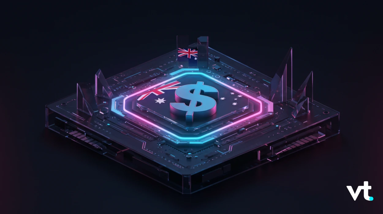 Neon-lit 3D platform with a glowing dollar symbol and Australian flag accents, suggesting fintech and digital currency tech (VT logo bottom-right).