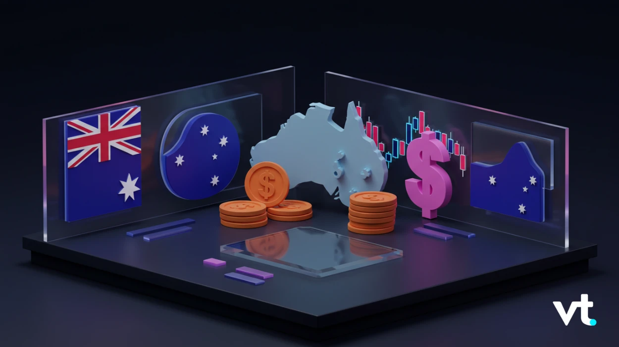 Australia-themed financial illustration with the flag, map of Australia, coins, and a stock market chart in glass panels behind them