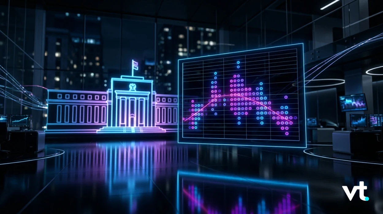 Neon outline of a government building beside a glowing holographic data chart in a dark tech office.
