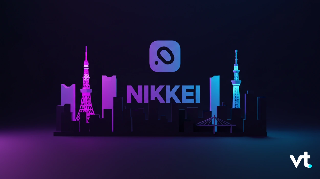 Neon city skyline in purple and blue with the word NIKKEI and a rounded-square app icon above the skyline; vt logo bottom right.