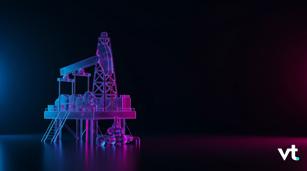 Neon-lit offshore oil rig model on a dark blue background, with a VT logo in the bottom-right corner.