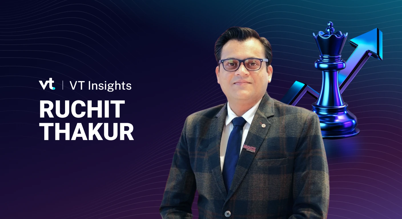 Ruchit Thakur of VT Insights wears a suit beside a blue chess piece and rising arrow graphic against a dark gradient background, with VT Insights text visible.