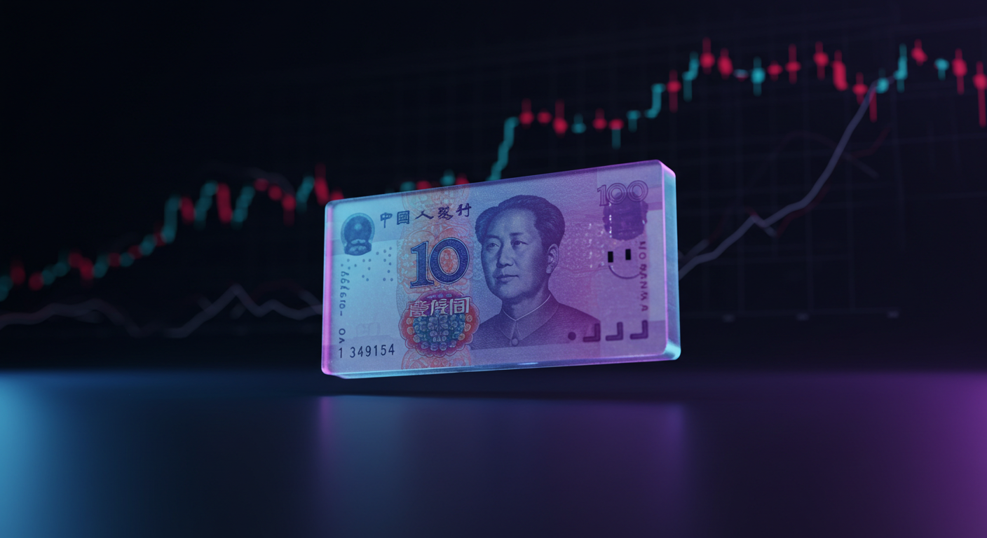 Floating Chinese 10-yuan banknote suspended over a dark surface, with neon blue/purple lighting and a glowing stock chart in the background.