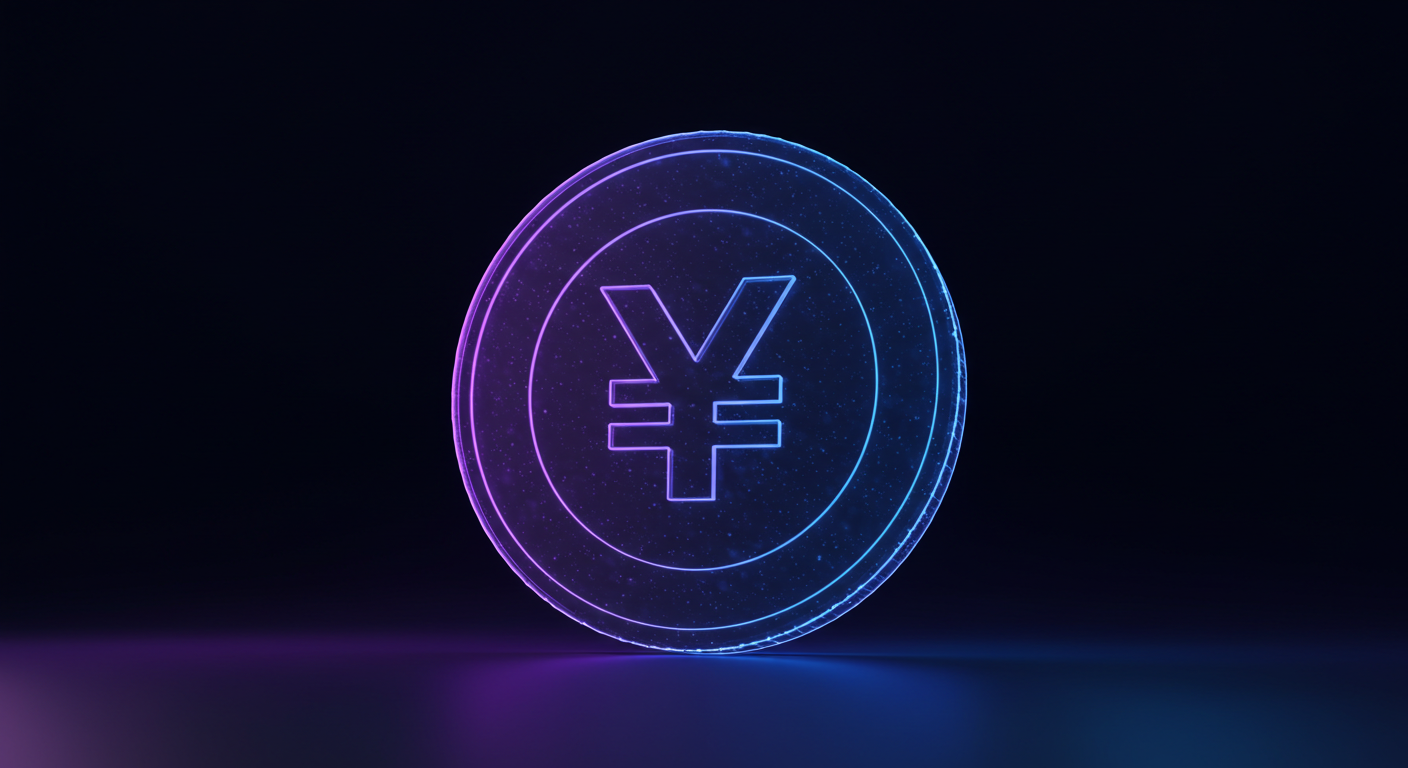 Neon-glow coin with a Yah yen symbol on a dark gradient background (blue and purple).