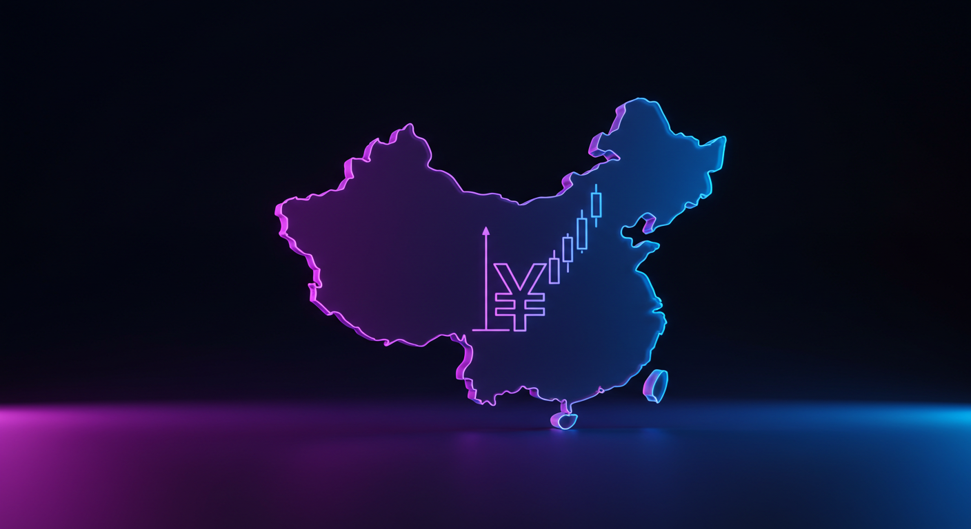 Neon outline map of China in purple and blue with a Yen-like symbol and candlestick chart showing rising prices in the center-right.