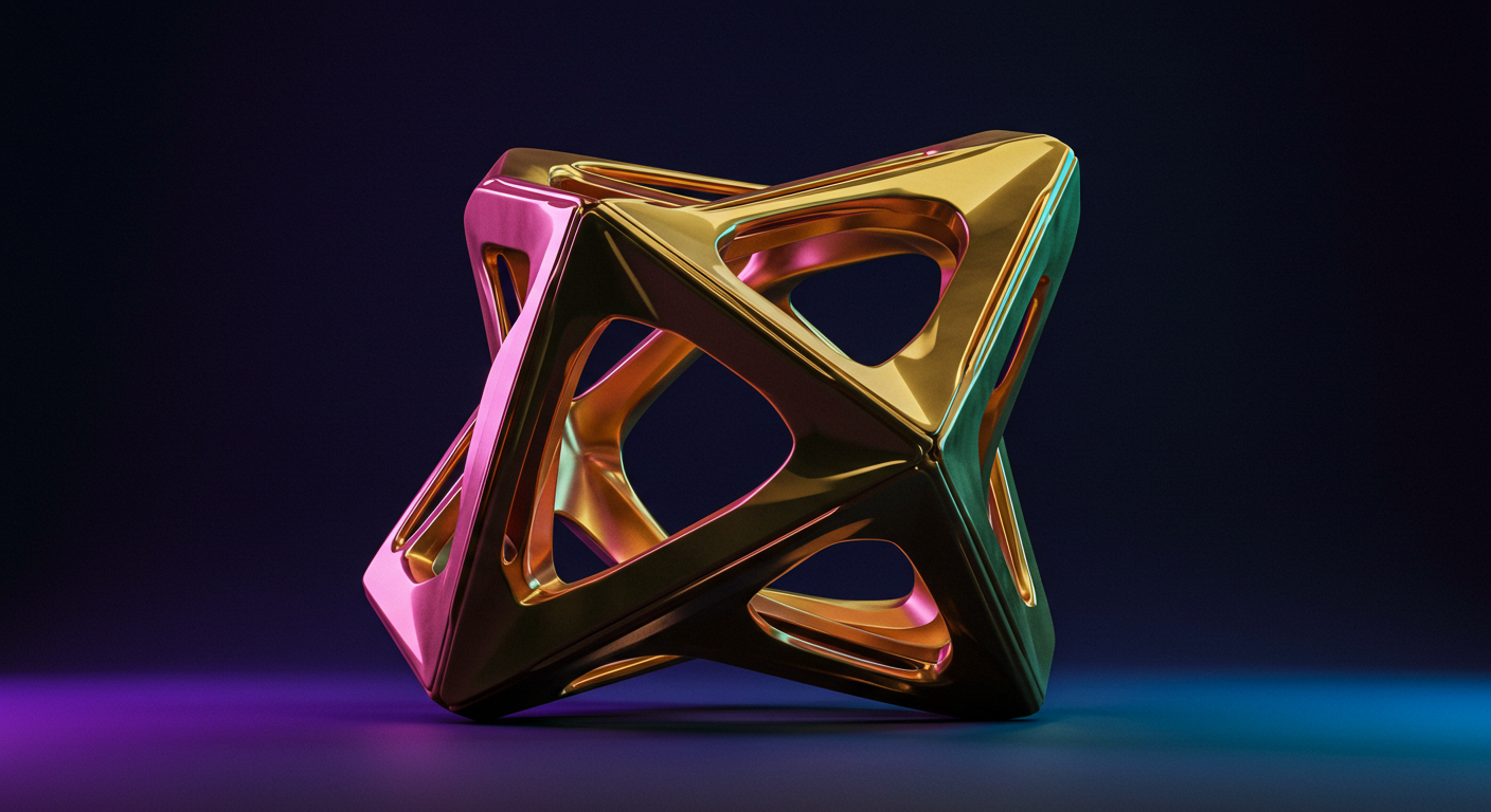 Glossy abstract metallic sculpture with interlocking hollow triangles in gold, pink, and teal on a dark gradient background.