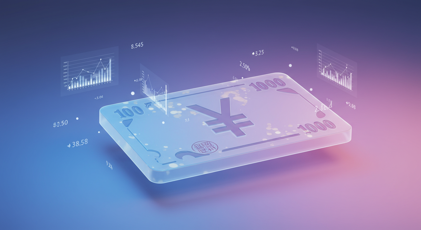 Translucent blue currency card with a large yen symbol and floating financial charts around it.