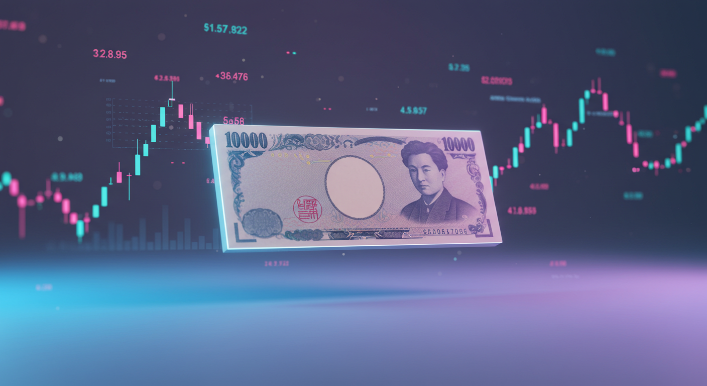 Floating 10,000 yen banknote in front of neon stock market charts and candlesticks.