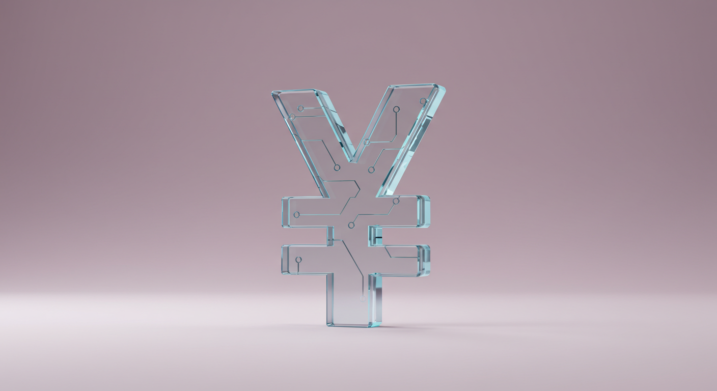 Glass-like Yen symbol with circuit patterns, set against a soft pink background, suggesting digital money or fintech.