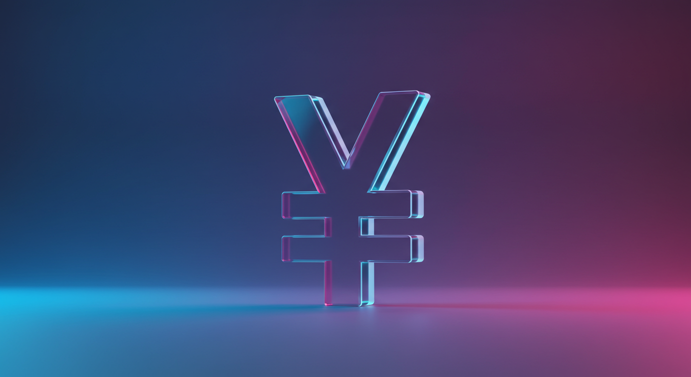 Neon, 3D glass yen symbol (¥) glowing in blue and pink hues on a dark gradient background