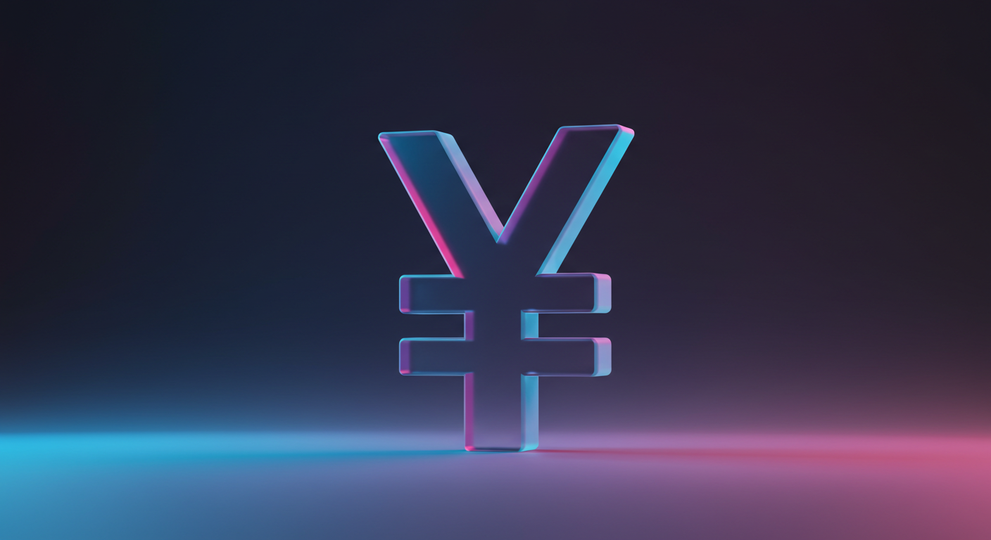 3D neon Yen symbol (¥) glowing in blue and pink on a reflective surface against a dark gradient background.