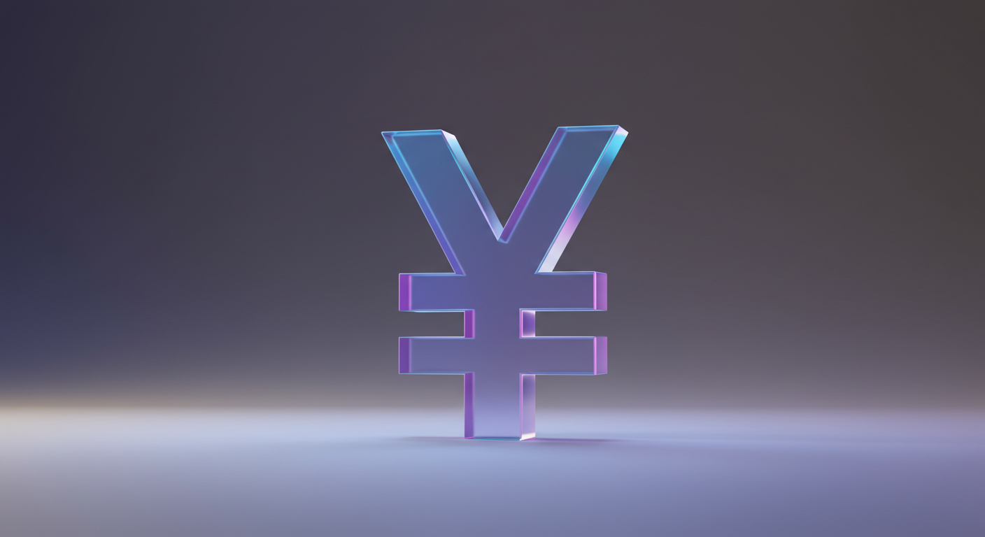 3D glossy purple Yen symbol (¥) standing on a reflective surface with a dark gradient background.
