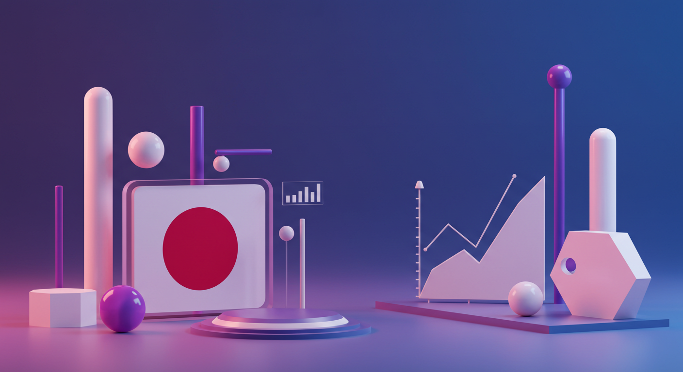 Abstract 3D art: pink-purple gradient scene with rods, spheres, and a rising line chart on the right.
